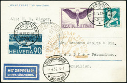 Lettre Zeppelin 3è SAF 1932. C.P. Illustrée (Zeppelin über Zürich). CàD Romanshorn 16.IV.32, Pour Récife. CàD De Transit - Andere & Zonder Classificatie