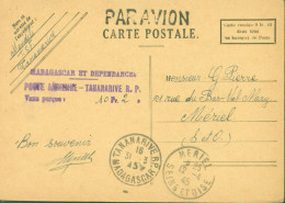 CP Vendue 0,10 Bureaux Poste Cachet Par Avion Cachet Taxe Perçue CAD Tananarive Madagascar 1945 - Luchtpost