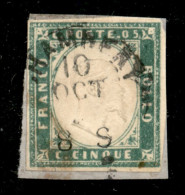 Antichi Stati Italiani - Sardegna - 1855 - 5 Cent (13d - Verde Smeraldo) Usato A Chambery Su Frammento - Cert. AG (950) - Andere & Zonder Classificatie