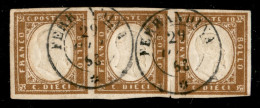 Antichi Stati Italiani - Sardegna - 1863 - 10 Cent Bistro Scuro (13Eb) - Striscia Orizzontale Di 3 Usata A Ferrandina (P - Andere & Zonder Classificatie