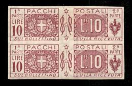 Regno - Pacchi Postali - 1921 - Coppia Del 10 Lire (16f) Non Dentellata - Pezzo Superiore Con Linguella - Gomma Integra  - Autres & Non Classés