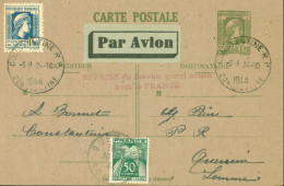 Algérie CP Entier Marianne D'Alger Par Avion + YT 214 Constantine 1944 Cachet Reprise Service Postal Aérien Avec France - Posta Aerea