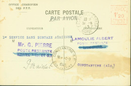 Maroc CP Office Chérifien PTT Par Avion Machine à Affranchir Maroc 1F20  B0005 Cachet 1er Service Sans Surtaxe Aérienne - Airmail