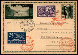 Zeppelin - Svizzera - 1930 (14 Settembre) - Zeppelin - Ginevra Zurigo - 25 Cent (180) + 40 Cent (182) Su Cartolina Posta - Autres & Non Classés
