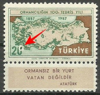 Turkey; 1957 Centenary Of The Instruction Of Forestry In Turkey ERROR "Printing Stain" - Ungebraucht