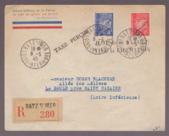 France Libération 1945 Timbre Pétain Surchargé Lettre Recommandée Batz Mer Ilot St Nazaire Taxe Perçue Brief Signé Mayer - Bevrijding