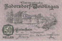 50 HELLER 1920 Stadt HADERSDORF-WEIDLINGAU Niedrigeren Österreich Notgeld Papiergeld Banknote #PG896 - [11] Lokale Uitgaven