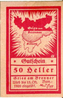 50 HELLER 1920 Stadt GRIES AM BRENNER Tyrol Österreich Notgeld Papiergeld Banknote #PL645 - [11] Lokale Uitgaven