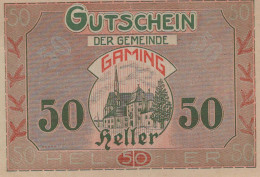 50 HELLER 1920 Stadt GAMING Niedrigeren Österreich Notgeld Banknote #PF753 - [11] Lokale Uitgaven