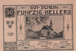 50 HELLER 1920 Stadt ETSDORF Niedrigeren Österreich Notgeld Banknote #PF085 - [11] Lokale Uitgaven
