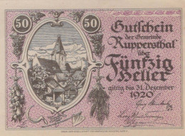 50 HELLER 1920 Stadt ROberenSTHAL Niedrigeren Österreich Notgeld #PJ229 - Lokale Ausgaben