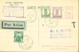 CP Office Chérifien PTT Par Avion Machine à Affranchir Maroc 1F2  B0002 Cachet Reprise Service Postal Aérien Avec France - Airmail