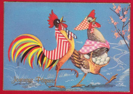 AE433 FANTAISIES ANIMAUX HABILLES HUMANISES COQ POULE ALLANT AU MARCHE PAQUES - - Dressed Animals