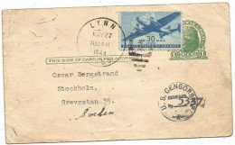 USA PSC 1c Jefferson Uprated With Airpost C30 From LynnMass 27may1944 X Sweden - Censored - Lettres & Documents