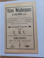 Ancienne Publicité Horlogerie USINES METALLURGIQUES DE VALLORBE Suisse 1914 - Switzerland