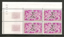 ANDORRE 1971 - Y&T N° 209 - 0,80 F Lilas Rose Violet - En Bloc De 4 Neuf , Bord Bas Gauche De Feuille Numérotée. TB. - Ongebruikt