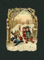 Découpi Chromo Enfants Sur La Luge  Neige Pont Chute Glissade   13 X 9 Cm - Autres & Non Classés