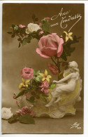 CPA 1917 Jeune Fille ( Femme ) Art Nouveau Vase En Biscuit De Porcelaine Bouquet De Fleurs ( Roses Lys ) Avec Tendresse - Autres & Non Classés