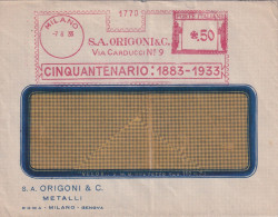 1933BUSTA  Con Affrancatura Rossa  EMA   S.A. ORIGONI &C. METALLI CINQUANTENARIO 1883 -1933 - Marcofilía