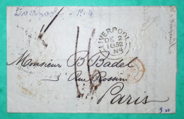 LETTRE LIVERPOOL ANGLETERRE ENGLAND CACHET ENTREE PARIS CALAIS POUR PARIS 1852 COVER FRANCE - 1849-1876: Klassik