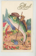 POISSON 1er AVRIL - Jolie Carte Fantaisie Poisson Humanisé Jardinier Bêchant Son Jardin - 1° Aprile (pesce Di Aprile)