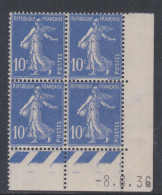 France N° 279 X Type Semeuse : 10 C. Outremer En Bloc De 4 Coin Daté Du 8 . 6 . 36 ; Sans Pt Blanc, Trace Charnière, TB - 1930-1939
