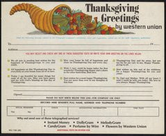 DINDE - THANKSGIVING - CORNE D ABONDANCE - DINDE - POTIRON ETC / 1968 USA TELEGRAMME DE LUXE ILLUSTRE (ref WU17) - Alimentación