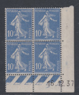 France N° 279 XX Type Semeuse : 10 C. Outremer En Bloc De 4 Coin Daté Du 16 . 12 37 ; 3  Pts  Blancs , Sans Charnière,TB - 1930-1939