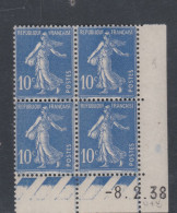 France N° 279 XX Type Semeuse : 10 C. Outremer En Bloc De 4 Coin Daté Du 8 . 2. 38 ;  Ss Pt Blanc Sans Charnière, TB - 1930-1939