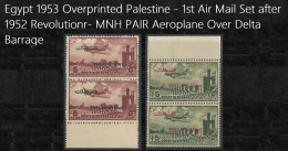 Egypt 1953-1955 OVPT Palestine Airmail Set 5 & 15 Mills MNH Vertical Pair Aeroplan Over Delta Barrage - Unused Stamps