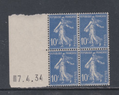 France N° 279 XX Type Semeuse : 10 C. Outremer En Bloc De 4 Coin Daté à Gauche Du 7 . 4. 34 ;   Sans Charnière, TB - 1930-1939