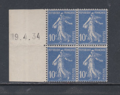 France N° 279 XX Type Semeuse : 10 C. Outremer En Bloc De 4 Coin Daté à Gauche Du 9 . 4. 34 ;   Sans Charnière, TB - 1930-1939