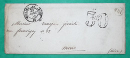 CAD TYPE 15 MOULINS ENGILBERT NIEVRE OR ORIGINE RURALE MAZILLE POUR NEVERS TAXE 30 1855 LETTRE COVER FRANCE - 1849-1876: Période Classique