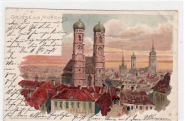 39044407 - Muenchen, Lithographie Mit Gesamtansicht Und Frauenkirche Gelaufen Von 1904. Albumabdruecke An Den Ecken Lei - Muenchen