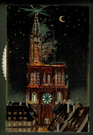 Carte Illustrée Strasbourg, Cathédrale De Nuit, Croissant De Lune, Roue Modifiant Le Fond Lumineux (bleu, Jaune, Rouge) - Tegenlichtkaarten, Hold To Light