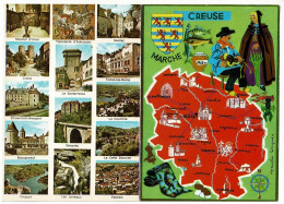 Carte Double, Contour Géographique Illustré Françoise Dague La Creuse & Multivues, 14 Vues & Texte Historique Au Centre - Maps