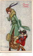 Illustrée Signée BOMPARD . : FEMME ET ENFANT  SOUS LA NEIGE Avec Des Cadeaux - Bompard, S.