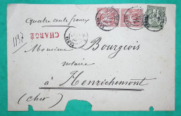 N°70 X2 + 72 SAGE TYPE I 1F LETTRE CHARGE PARIS RUE DE CLERY POUR HENRICHEMONT CHER 1878 COVER FRANCE - 1877-1920: Période Semi Moderne