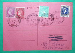 N°624 + 639 + 676 + 679 ARC DE TRIOMPHE MARIANNE ALGER MAZELIN CARTE POSTALE EXPOSITION PHILATELIQUE BIARRITZ 1947 - 1921-1960: Periodo Moderno