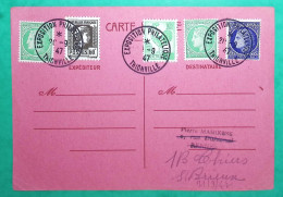 N°630 + 634 + 674 + 680 X2 COQ MARIANNE D'ALGER CERES MAZELIN CARTE POSTALE EXPOSITION PHILATELIQUE THIONVILLE 1947 - 1921-1960: Periodo Moderno