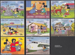 Lesotho 1991 Philanippon, Disney 8v, Mint NH, Nature - Transport - Various - Deer - Philately - Railways - Ships And B.. - Trenes