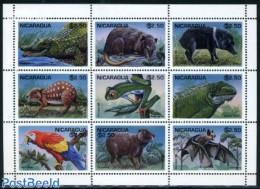 Nicaragua 1995 Animals 9v M/s, Mint NH, Nature - Animals (others & Mixed) - Bats - Crocodiles - Frogs & Toads - Parrot.. - Nicaragua