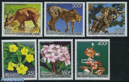 Central Africa 1986 Flowers, Animals 6v, Mint NH, Nature - Cat Family - Flowers & Plants - Centraal-Afrikaanse Republiek
