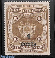 North Borneo 1904 4 Cents On 10$, Stamp Out Of Set, Unused (hinged), History - Coat Of Arms - Borneo Del Nord (...-1963)