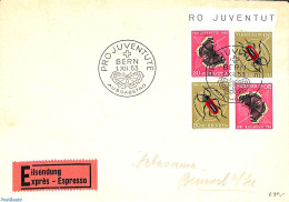 Switzerland 1953 Pro Juventute Combination Block [+] On FDC, First Day Cover, Nature - Butterflies - Insects - Briefe U. Dokumente