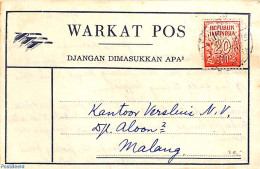 Indonesia 1951 Warkat POst 20s To Malang, Postal History - Indonésie