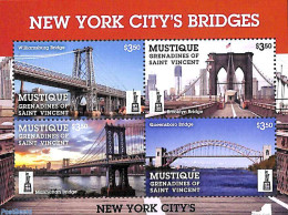 Saint Vincent & The Grenadines 2016 Mustique, New York City Bridges 4v M/s, Mint NH, Art - Bridges And Tunnels - Ponti