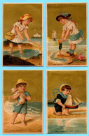 Lot De 4 Chromos Sans PUB. Amusements D'enfants à La Mer. Fond Doré. - Other & Unclassified