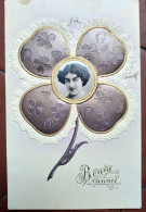 CPA Bonne Année - Trèfle 4 Feuilles Gaufré Et Rehaussé De Dentelles Et Portrait De Femme - BE - Año Nuevo