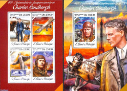 Sao Tome/Principe 2014 Charles Lindbergh 2 S/s, Mint NH, Transport - Stamps On Stamps - Aircraft & Aviation - Postzegels Op Postzegels